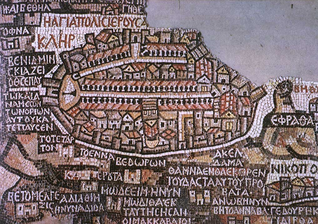 Mapa antiguo de Jerusalén en Madaba, un par de siglos posterior a Egeria