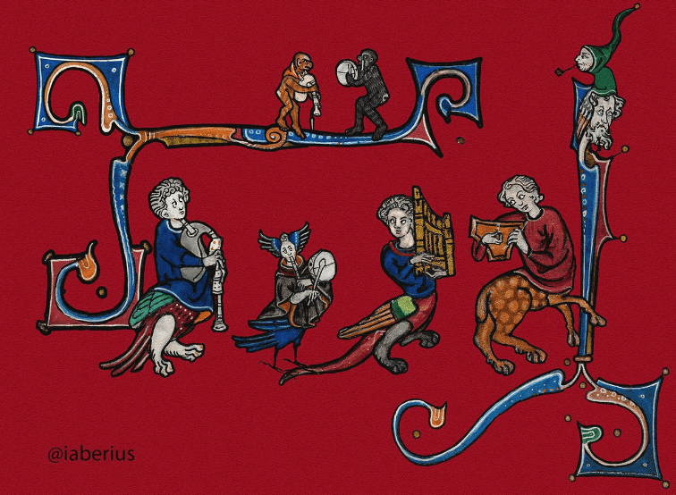 Banda de músicos, mitad humanos mitad bestias, de un códice medieval. Diseño para impresión bajo demanda de camisetas y otros objetos